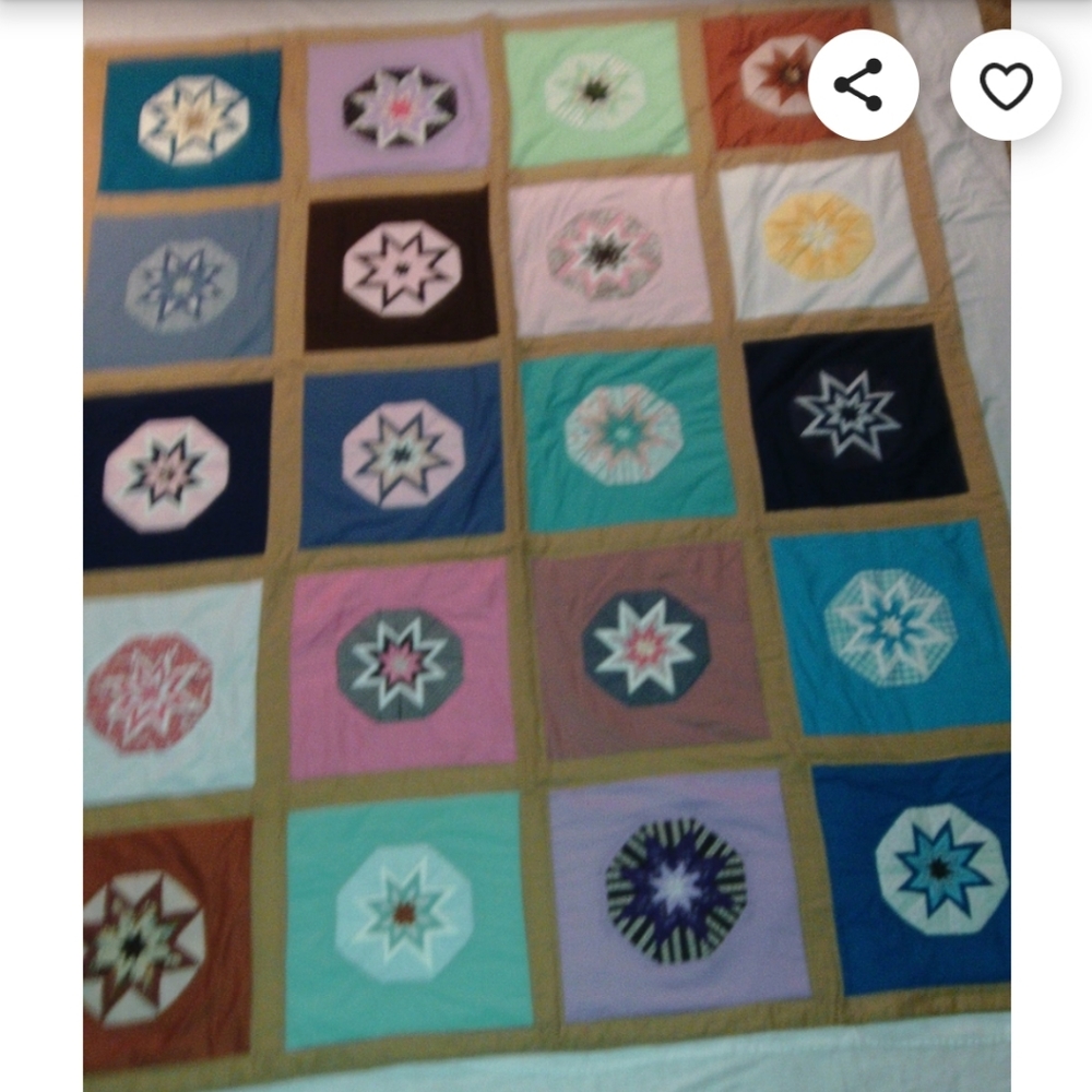Folded Stars hand quilted bedspread blanket multi color full heavy unique burst